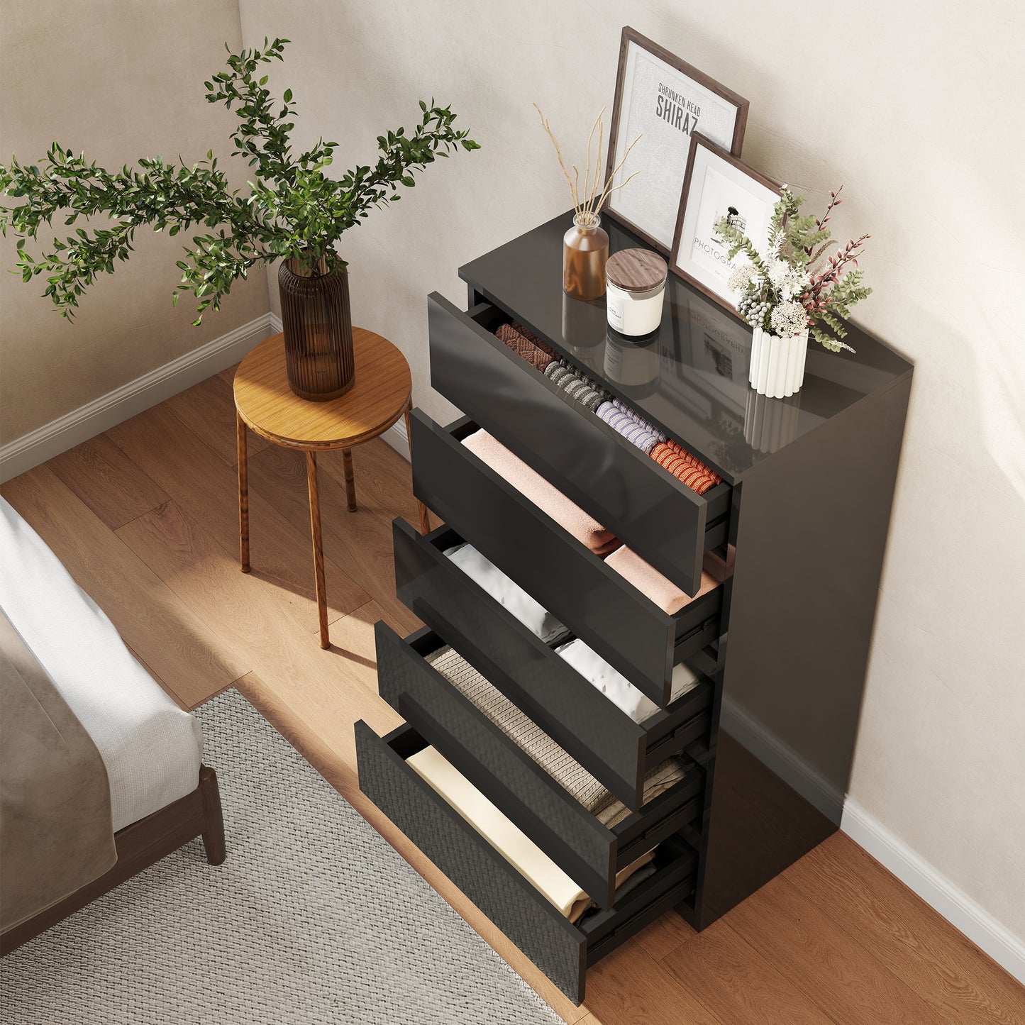 Bedroom Chest of Drawers, 5 Drawers Dresser, Drawer Unit, Black