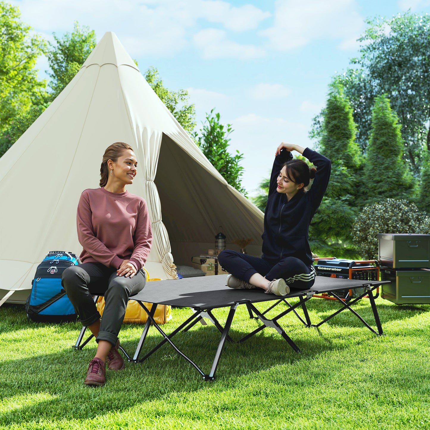 Double Camping Folding Cot Portable Sleeping Bed, Charcoal Grey