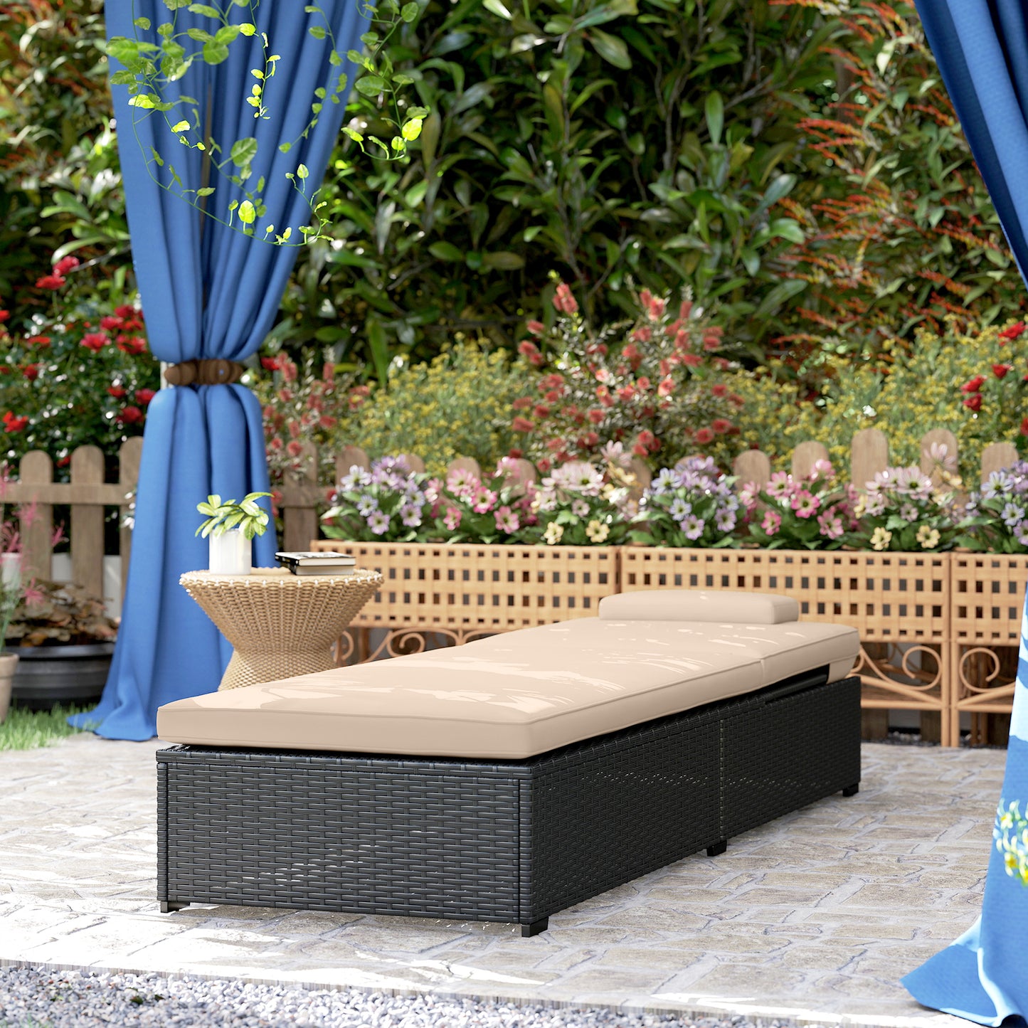 Rattan Sun Lounger, Garden Recliner w/ 5-Level Back, Cushion, Black