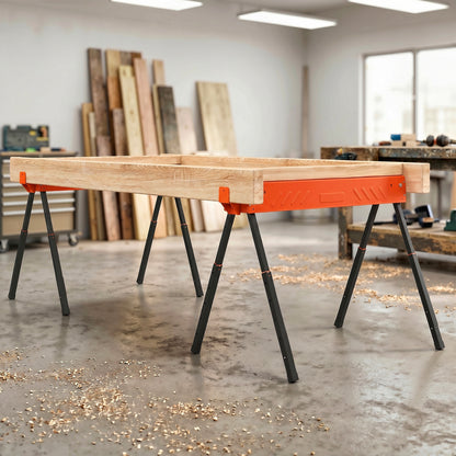 Saw Horses Twin Pack, Folding Work Bench Sawhorses with Height Adjustable Legs, 2x4 Bracket, Carry Handle, Non-Slip Feet for Woodworking, Carpenter, DIY, Supports Up to 500 kg, Orange