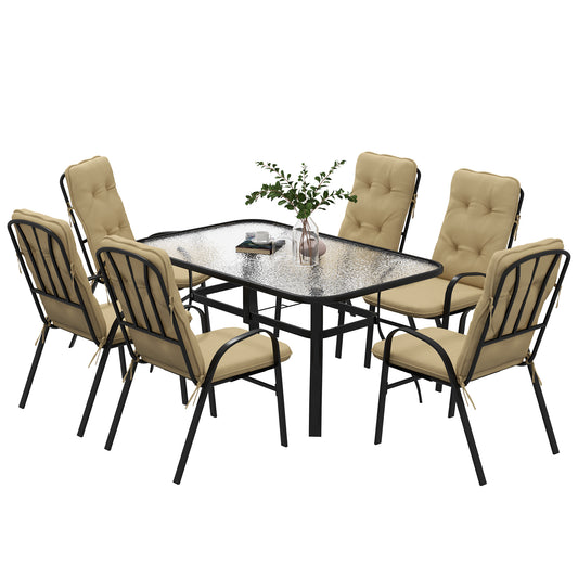 7 Piece Garden Dining Set, Outdoor Dining Table and 6 Cushioned Armchairs, Tempered Glass Top Table w/ Umbrella Hole, Texteline Seats, Beige