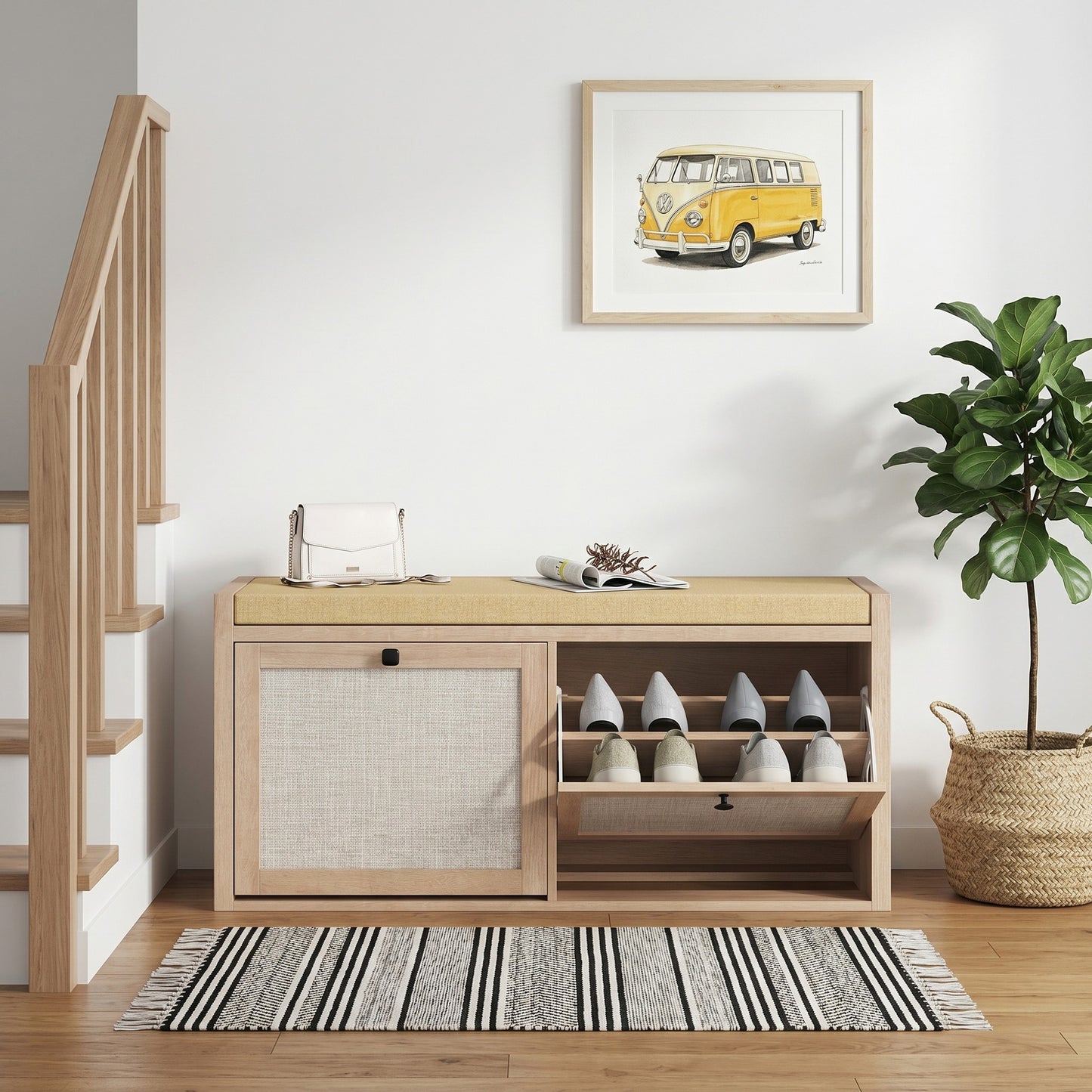 Shoe Bench with 2 Rattan Doors, Shoe Storage Bench with Padded Cushion Seat for Hallway, Living Room, Bedroom, Oak Wood Effect