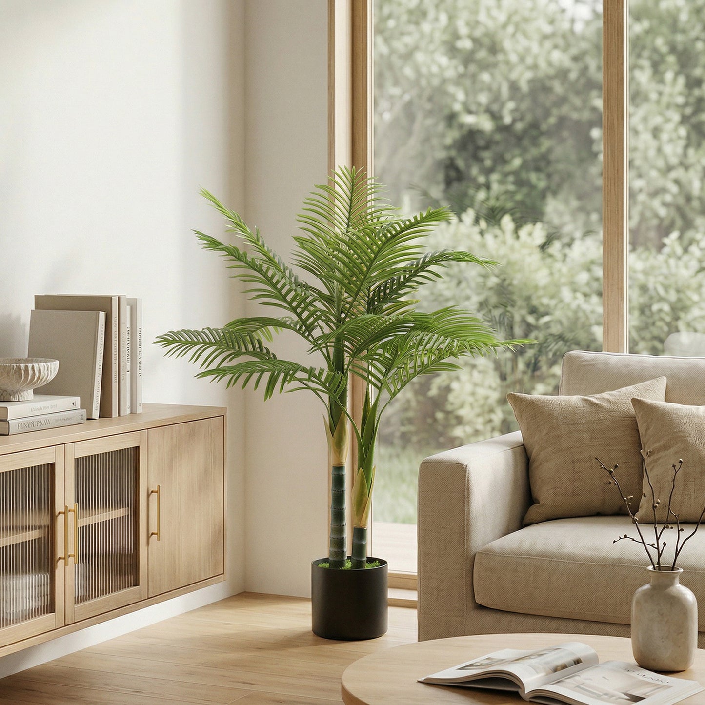 120cm Artificial Palm Tree with 14 PEVA Leaves in Pot, Decorative Artificial Plant with UV-resistant and Moss Effect, Fake Plant for Home Office Decor, Green