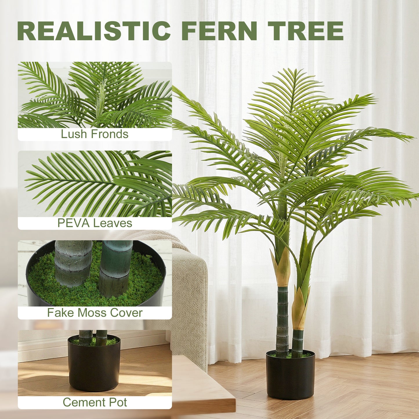 120cm Artificial Palm Tree with 14 PEVA Leaves in Pot, Decorative Artificial Plant with UV-resistant and Moss Effect, Fake Plant for Home Office Decor, Green