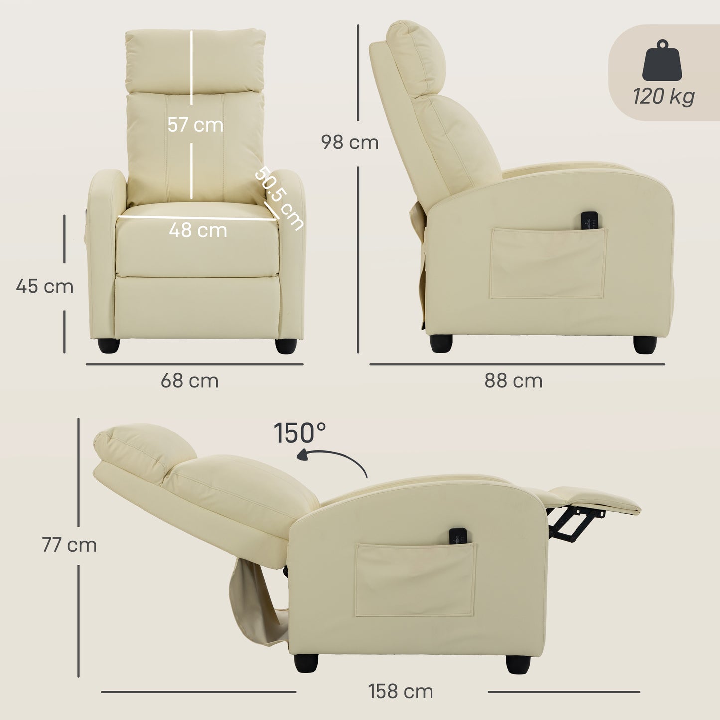 Recliner Sofa Chair PU Leather Massage Armcair w/ Remote, Cream White