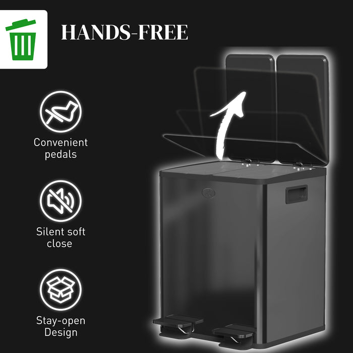 2 x 20L Dual Kitchen Bin Pedal Bin for Recycling and Waste, Black