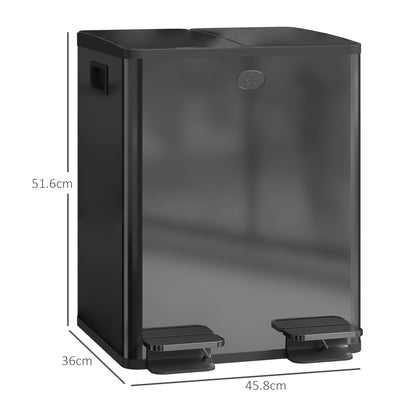 2 x 20L Dual Kitchen Bin Pedal Bin for Recycling and Waste, Black