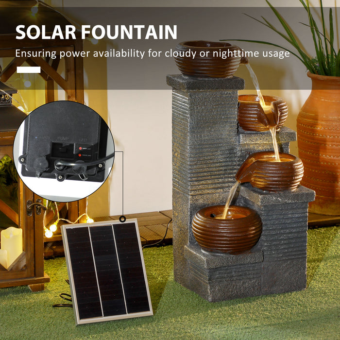 Solar Powered Garden Water Feature with LED Lights and Pump, 4 Tier Cascading Water Fountain for Indoor/Outdoor, Bowls Waterfall Ornament, 58cm Height