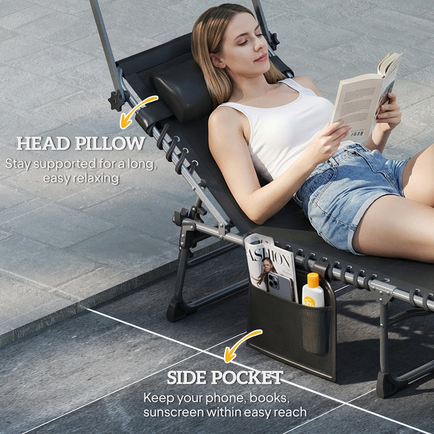 Folding Sun Lounger, Sunbed with Canopy, Dark Blue