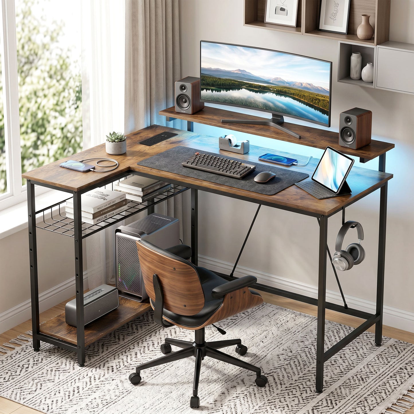 L Shaped Desk with LED Lights and Storage, Rustic Brown