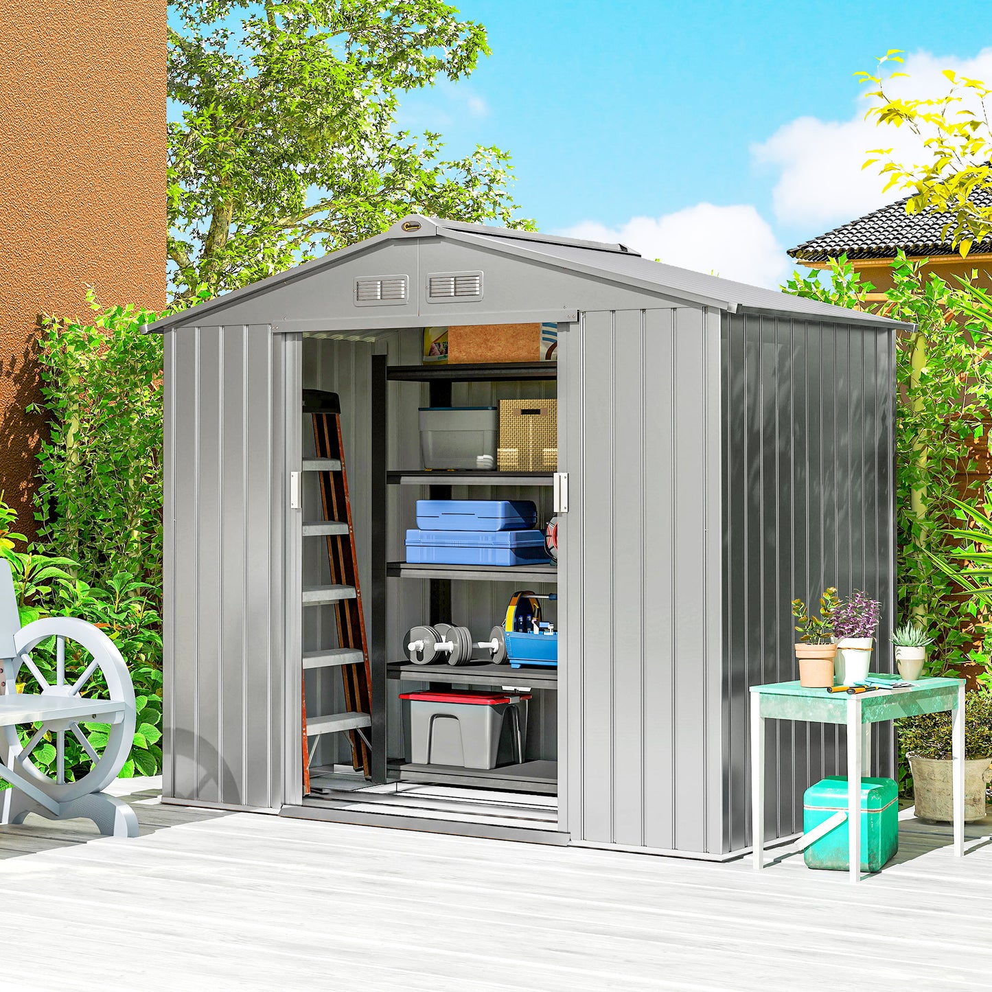 7 x 4ft Garden Shed Storage w/ Foundation Kit, Vents, Light Grey