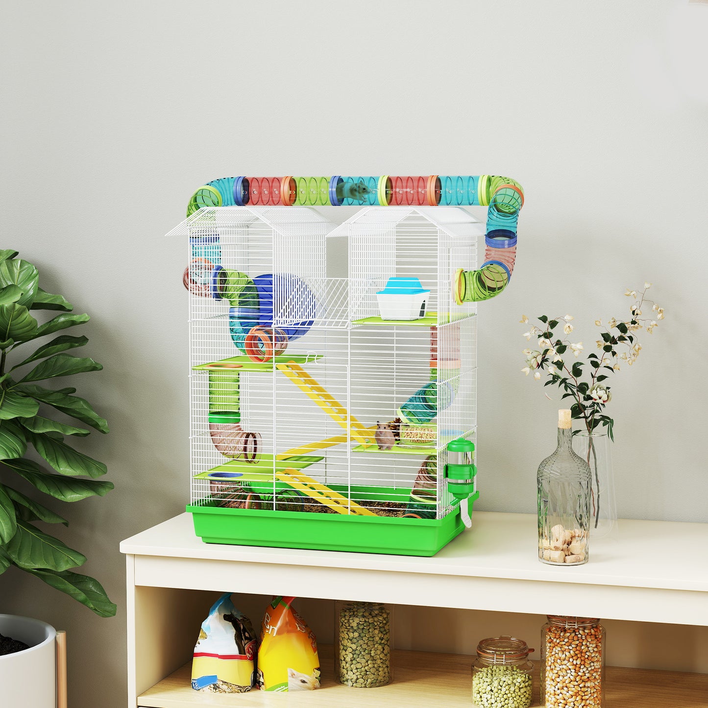 5 Tiers Hamster Cage Animal Travel Carrier Habitat, Green