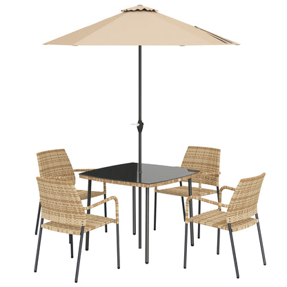 4 Seater Rattan Dining Set with Parasol, Light Brown