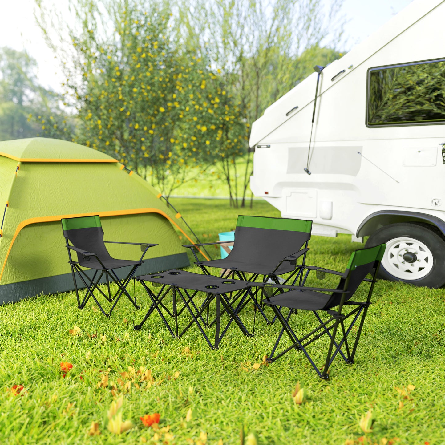 4 Piece Foldable Camping Table and Chairs Set, Olive Green