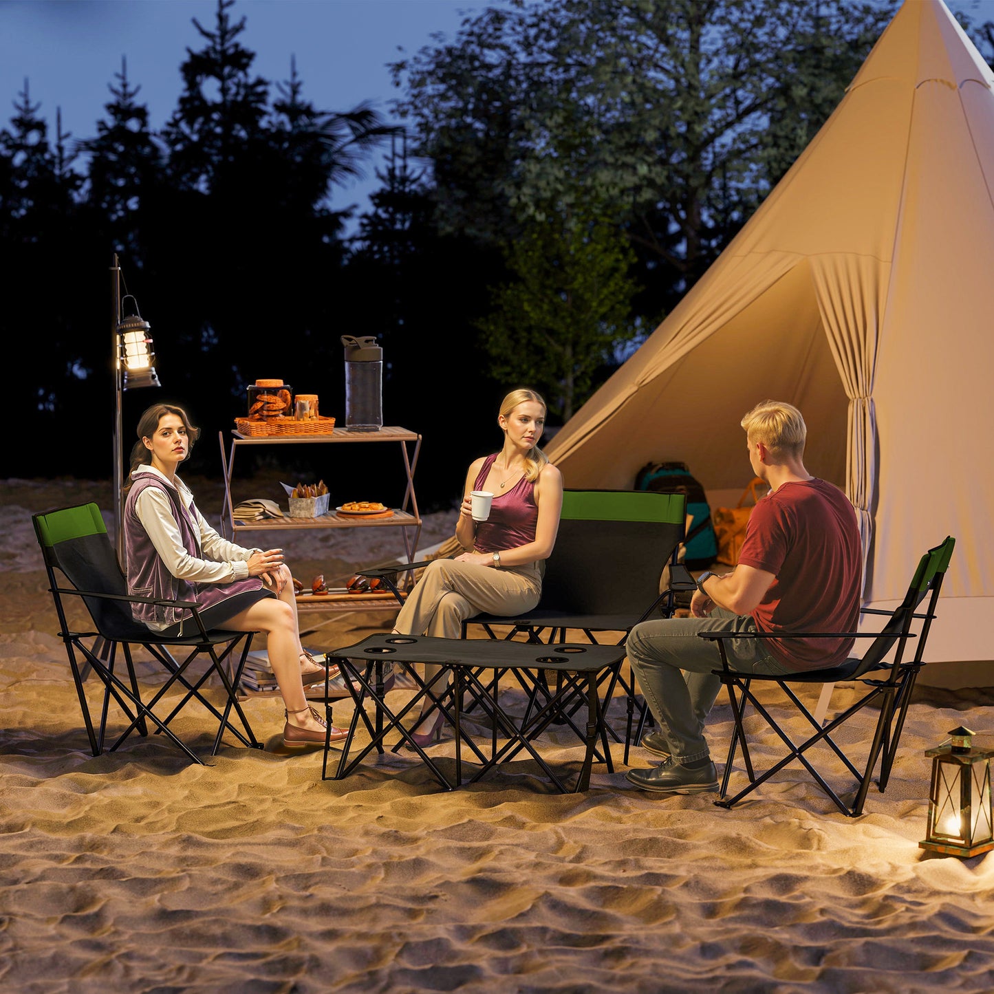 4 Piece Foldable Camping Table and Chairs Set, Olive Green