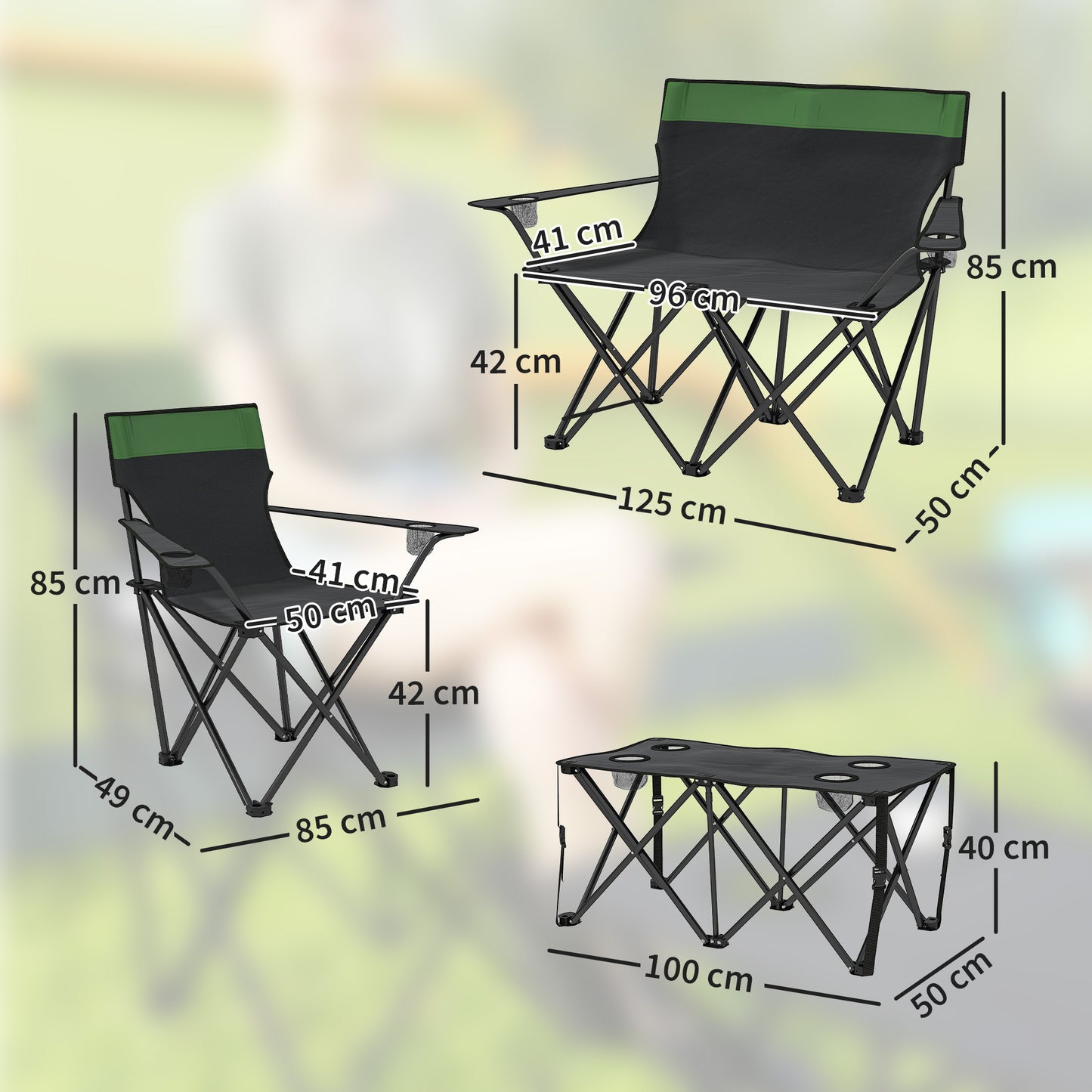 4 Piece Foldable Camping Table and Chairs Set, Olive Green
