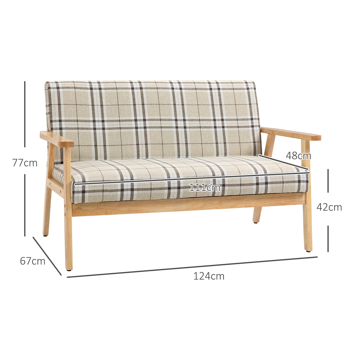 Two Seater Sofa with Rubber Wood Frame Linen Fabric Small Couch Beige