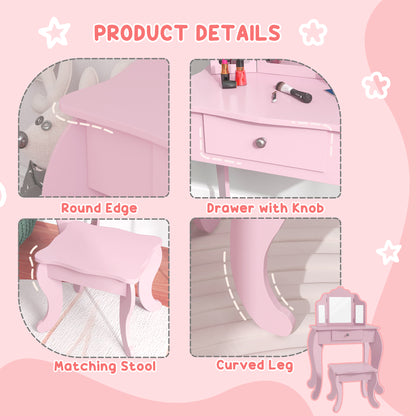 Makeup Dressing Table Set with Tri-Folding Mirror and Drawer, Pink