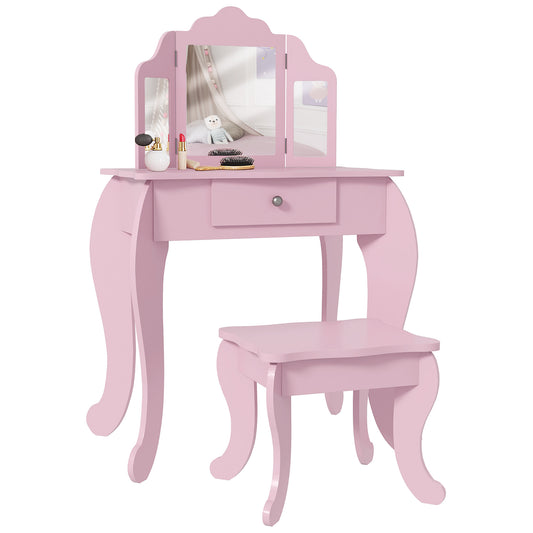 Makeup Dressing Table Set with Tri-Folding Mirror and Drawer, Pink