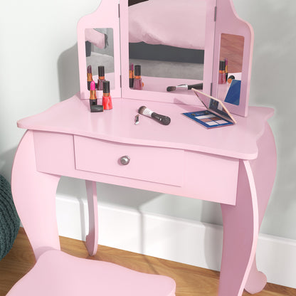 Makeup Dressing Table Set with Tri-Folding Mirror and Drawer, Pink