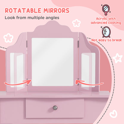 Makeup Dressing Table Set with Tri-Folding Mirror and Drawer, Pink