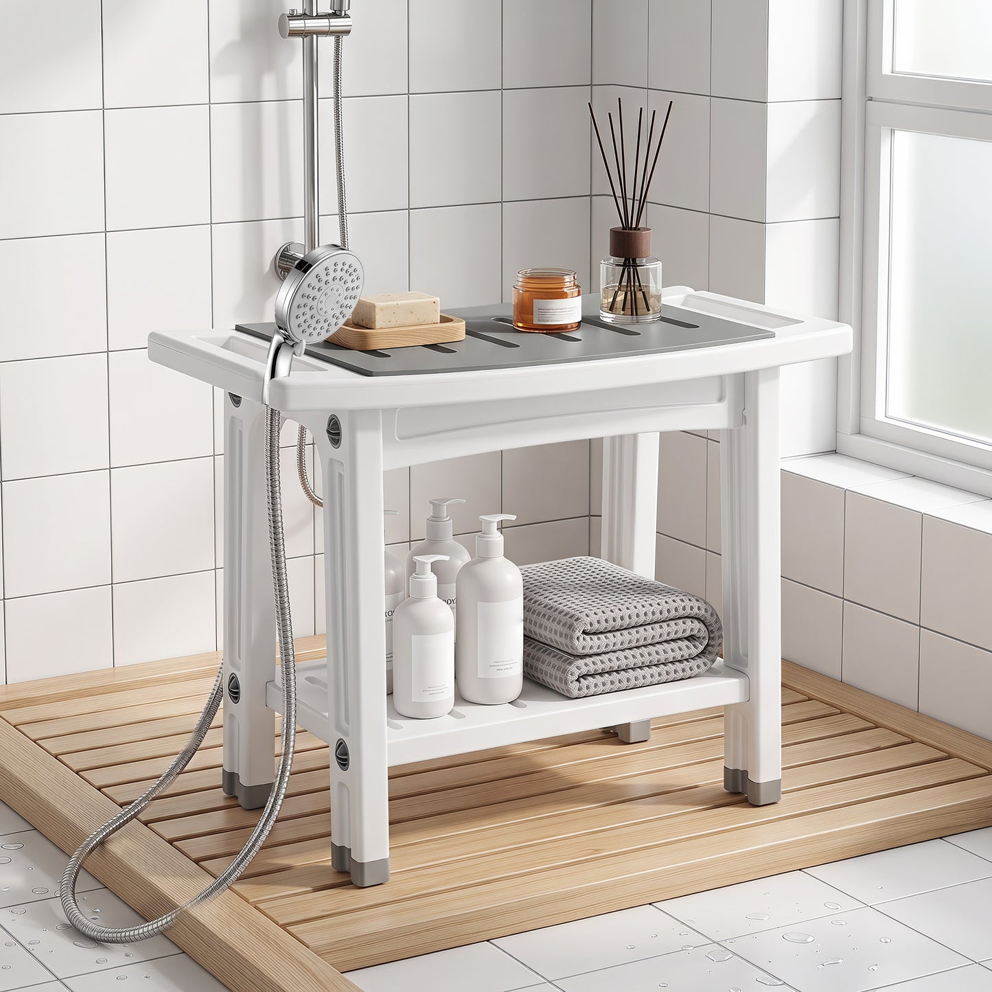 2-Tier Shower Bench with Shelf 4 Legs White and Grey