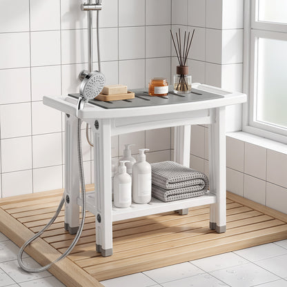 2-Tier Shower Bench with Shelf 4 Legs White and Grey