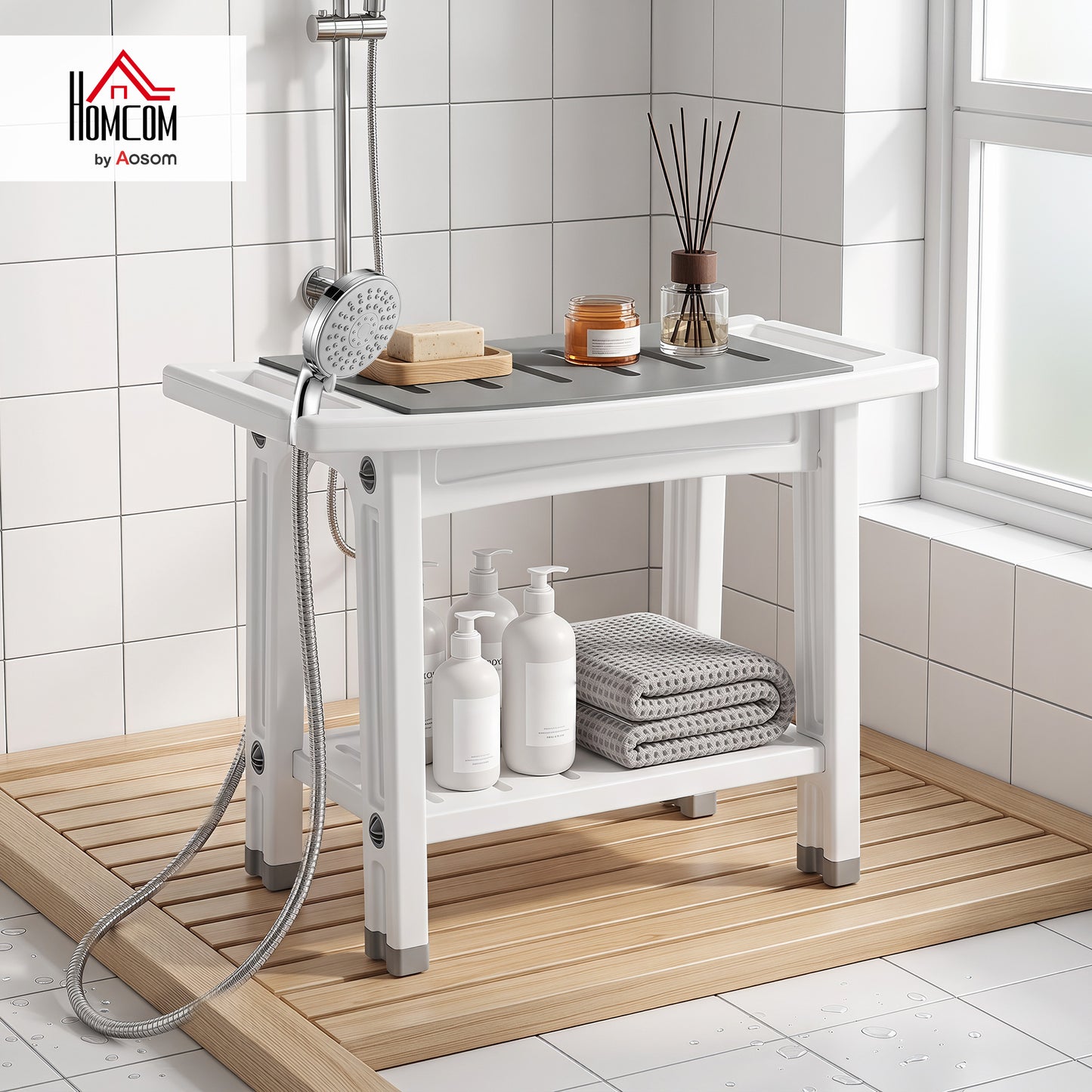 2-Tier Shower Bench with Shelf 4 Legs White and Grey