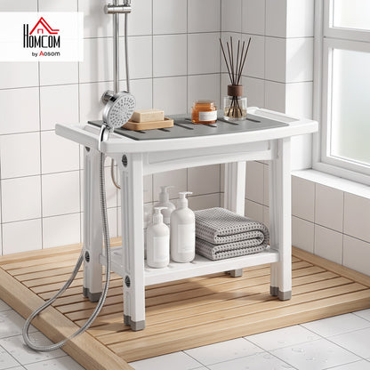 2-Tier Shower Bench with Shelf 4 Legs White and Grey