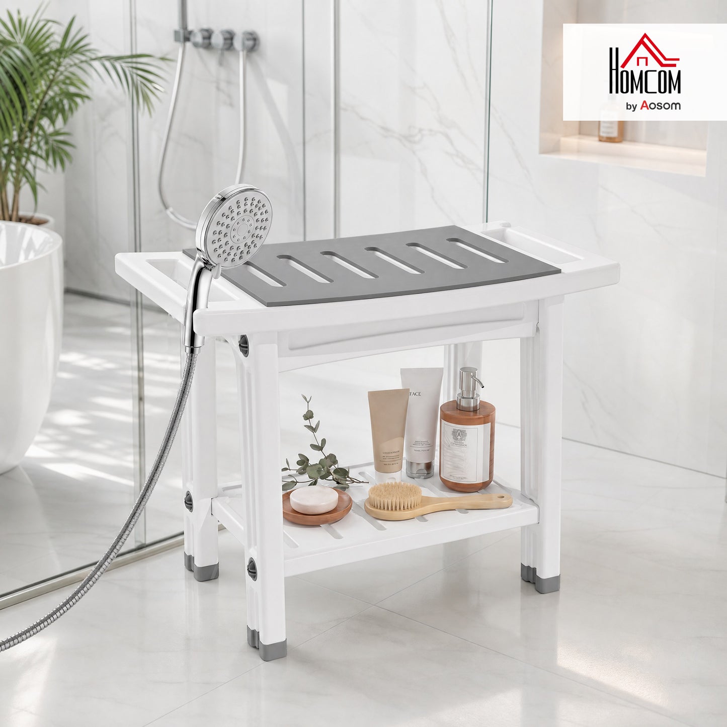 2-Tier Shower Bench with Shelf 4 Legs White and Grey