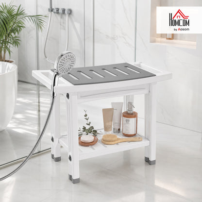 2-Tier Shower Bench with Shelf 4 Legs White and Grey