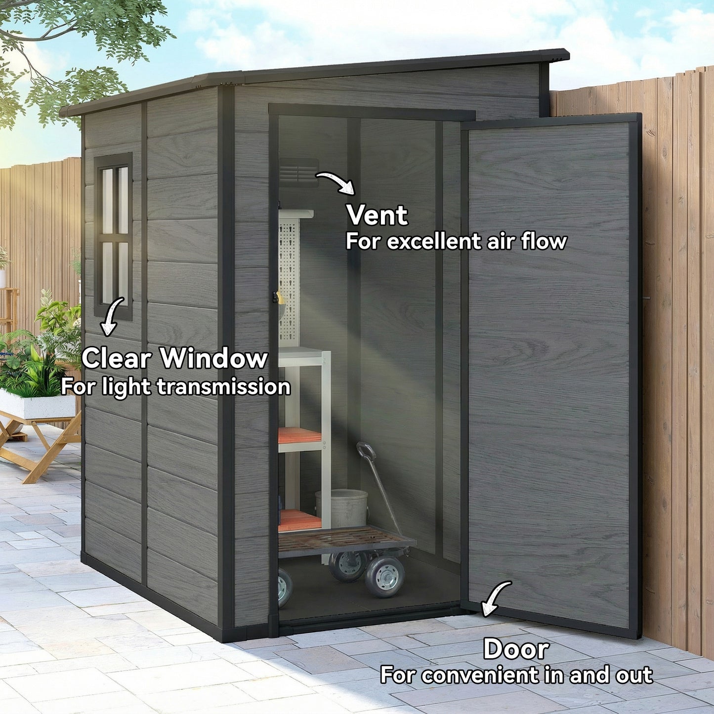Lean to Garden Shed, Plastic Tool Storage House w/ Lockable Door