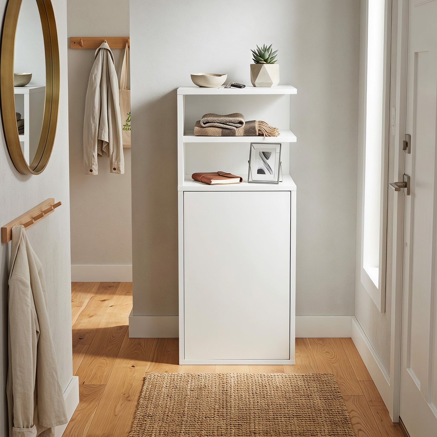 Slim Bedside Table Set of 2 with Open Cubbies and Cupboard, White