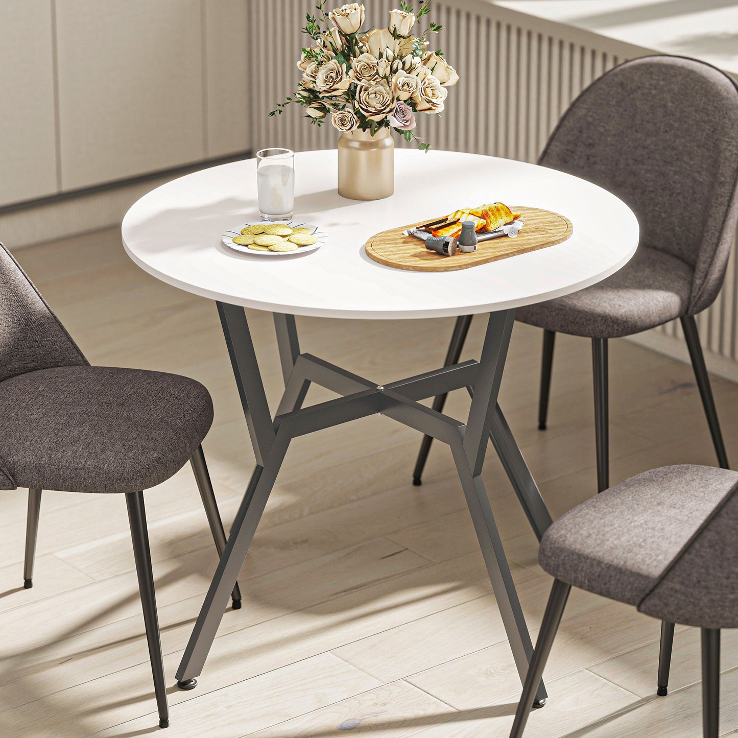 Small Kitchen Table with Black Steel Legs, Dining Table, High Gloss White