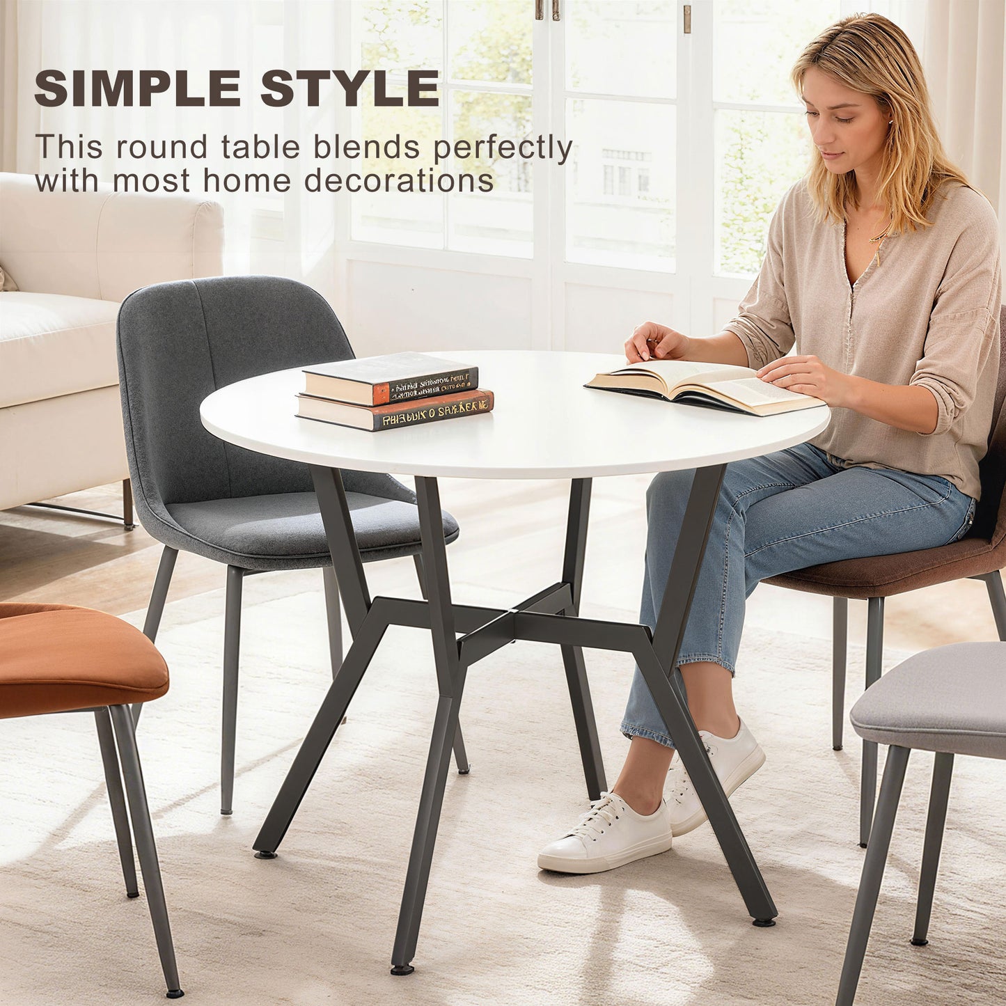 Small Kitchen Table with Black Steel Legs, Dining Table, High Gloss White