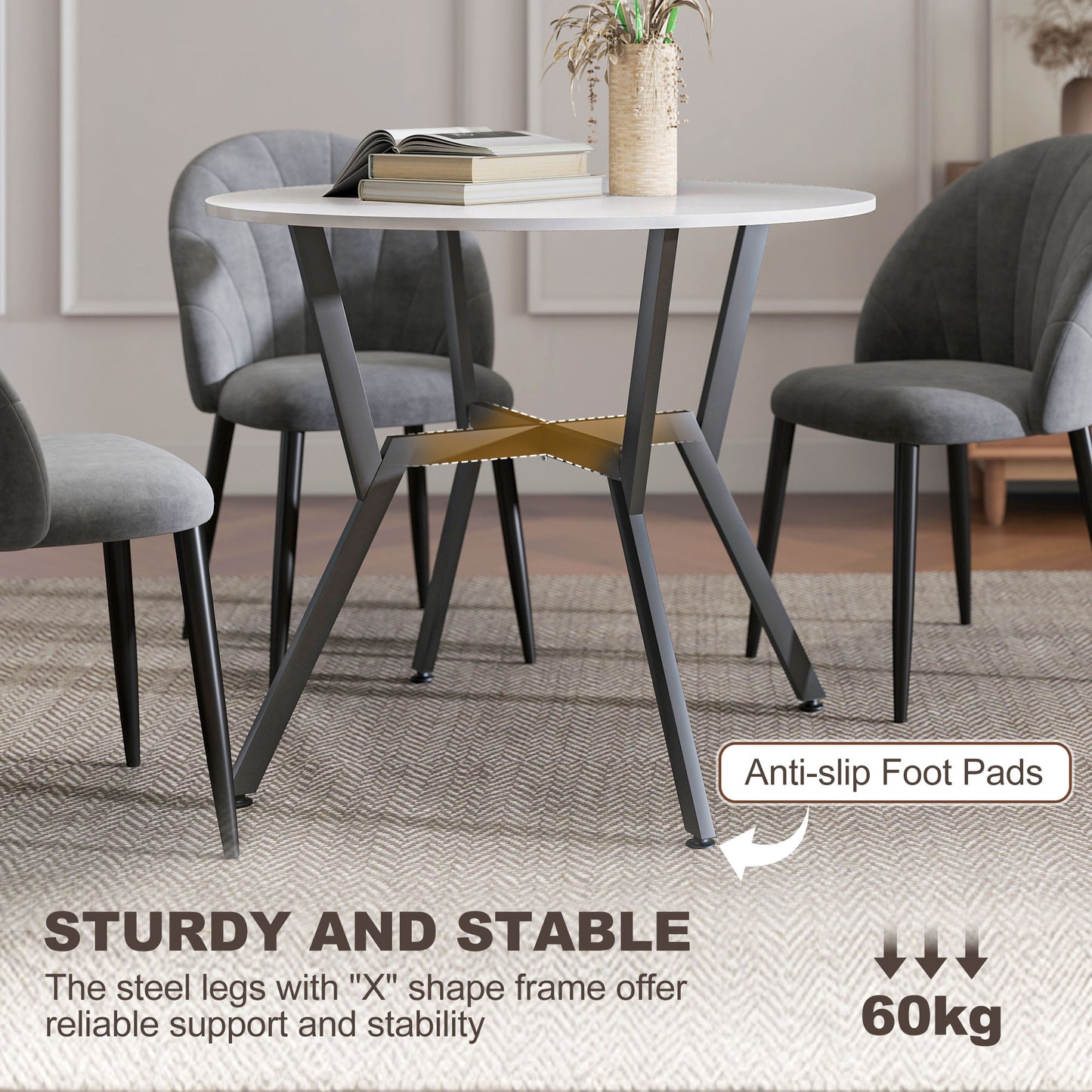 Small Kitchen Table with Black Steel Legs, Dining Table, High Gloss White