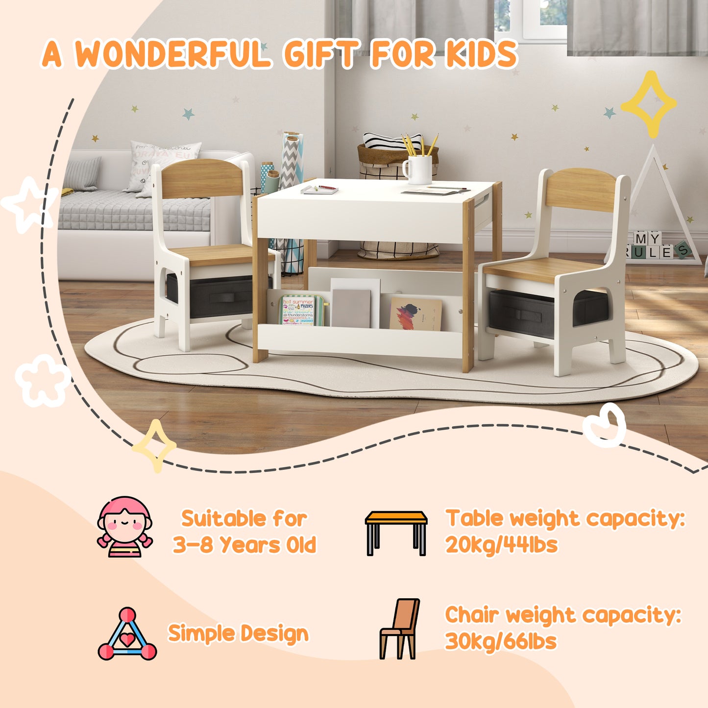 3-Piece Kids Table and Chair Set for Nursery, Playroom, Classroom