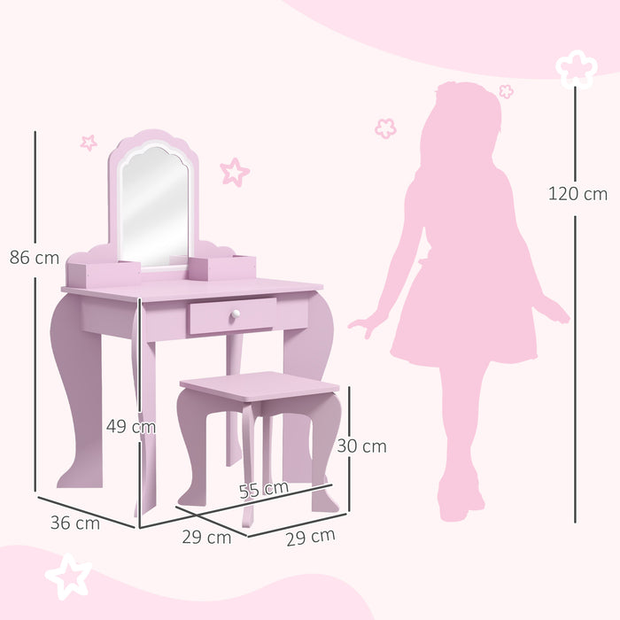 ZONEKIZ Kids Vanity Table with Mirror and Stool, Cloud Design, Drawer, Storage Boxes, for 3-6 Years Old - Pink