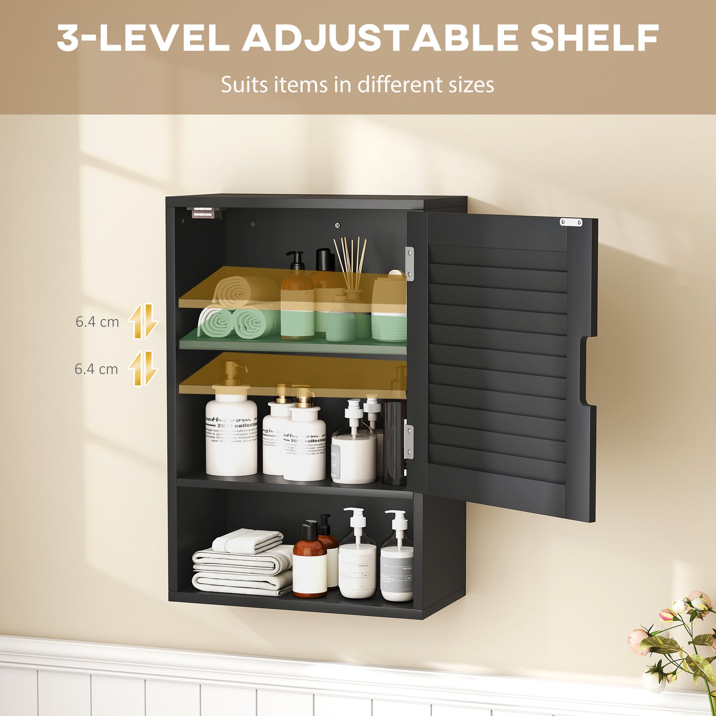 Bathroom Cabinet, Wall Mounted Cabinet with Adjustable Shelves, Black