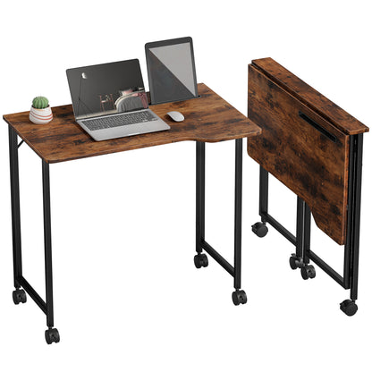 Small Writing Desk with Wheels, Folding Study Table, Rustic Brown