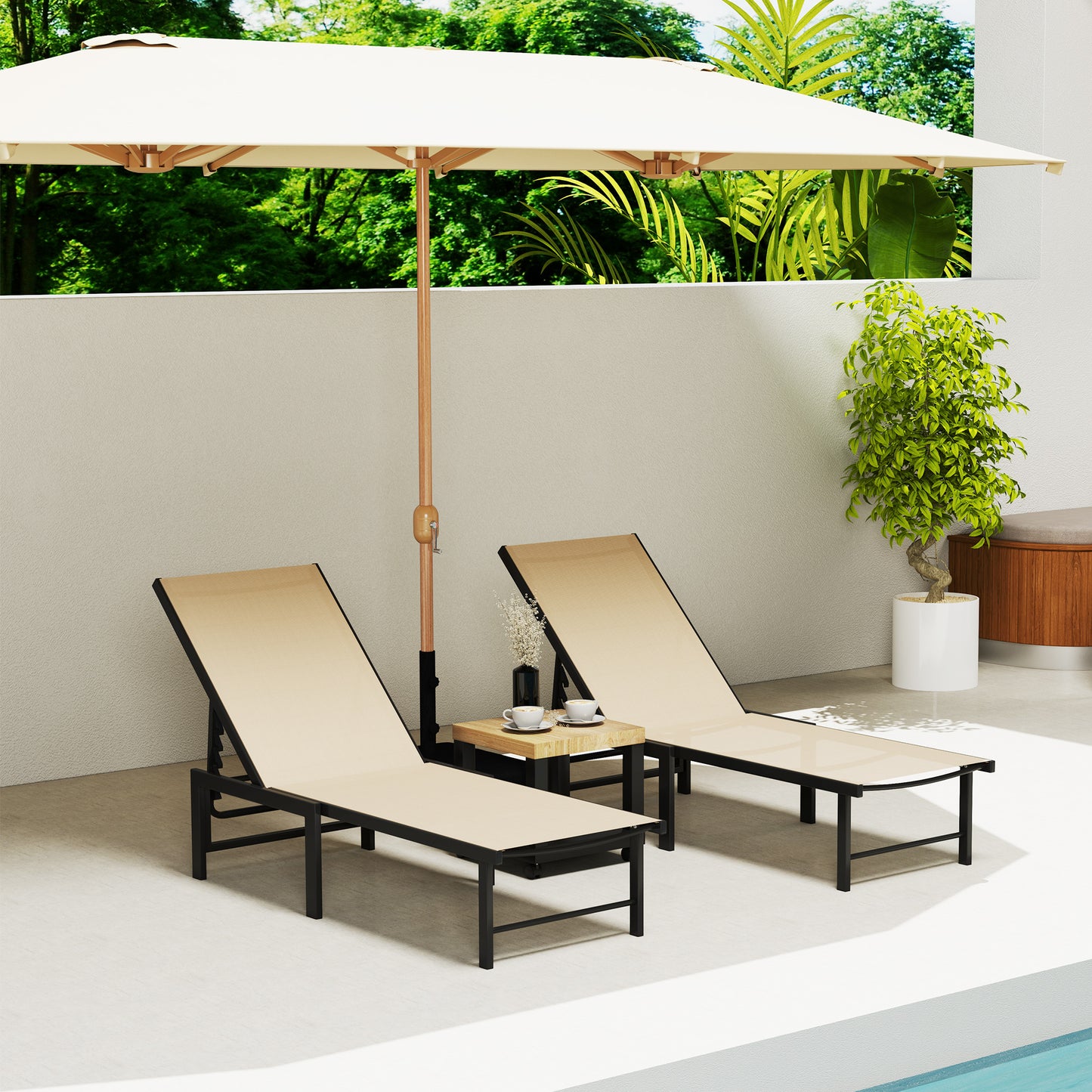 Sun Loungers Set of 2, 5-Level Reclining Sunbeds, Khaki