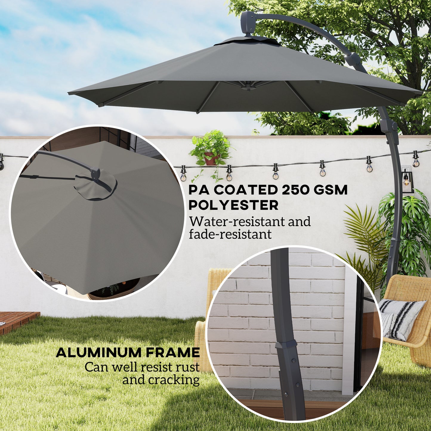 3(m) Garden Cantilever Parasol with Crank Aluminium Frame Grey