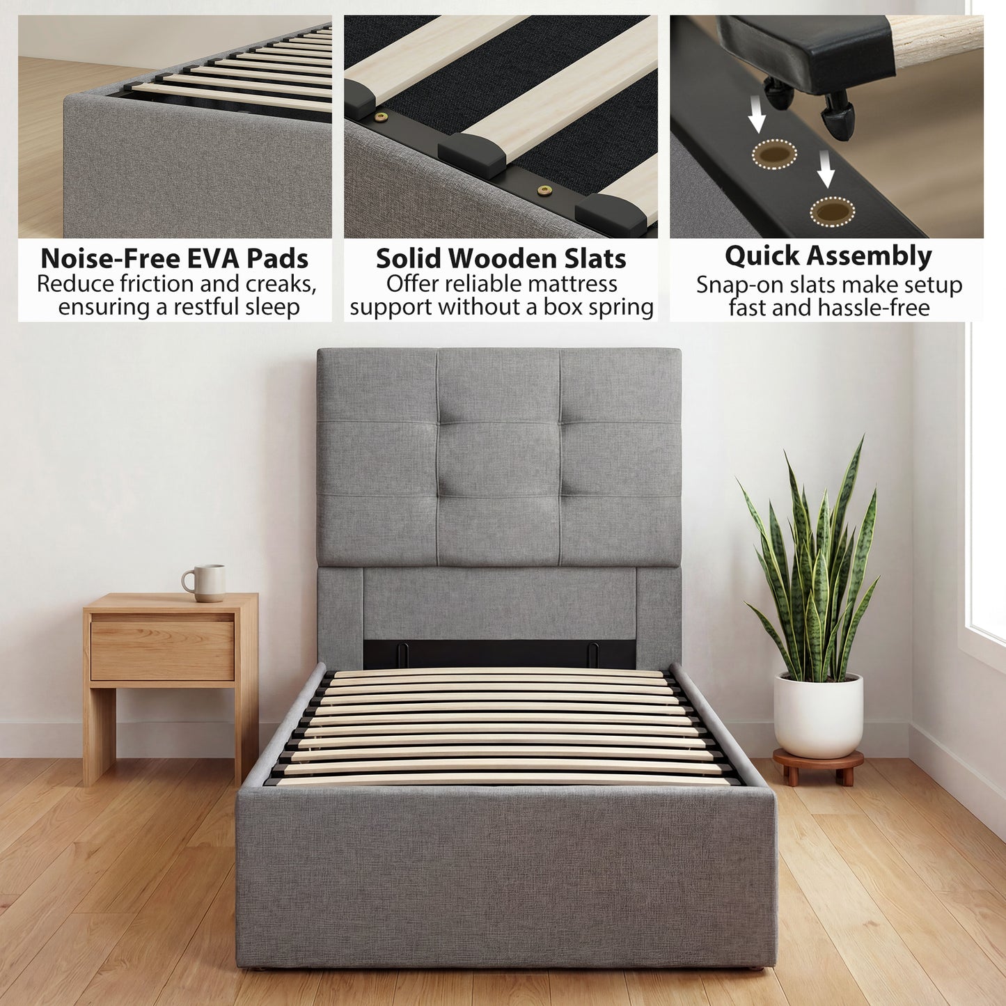 Upholstered Ottoman Bed, 3ft Single Storage Bed Frame, Grey