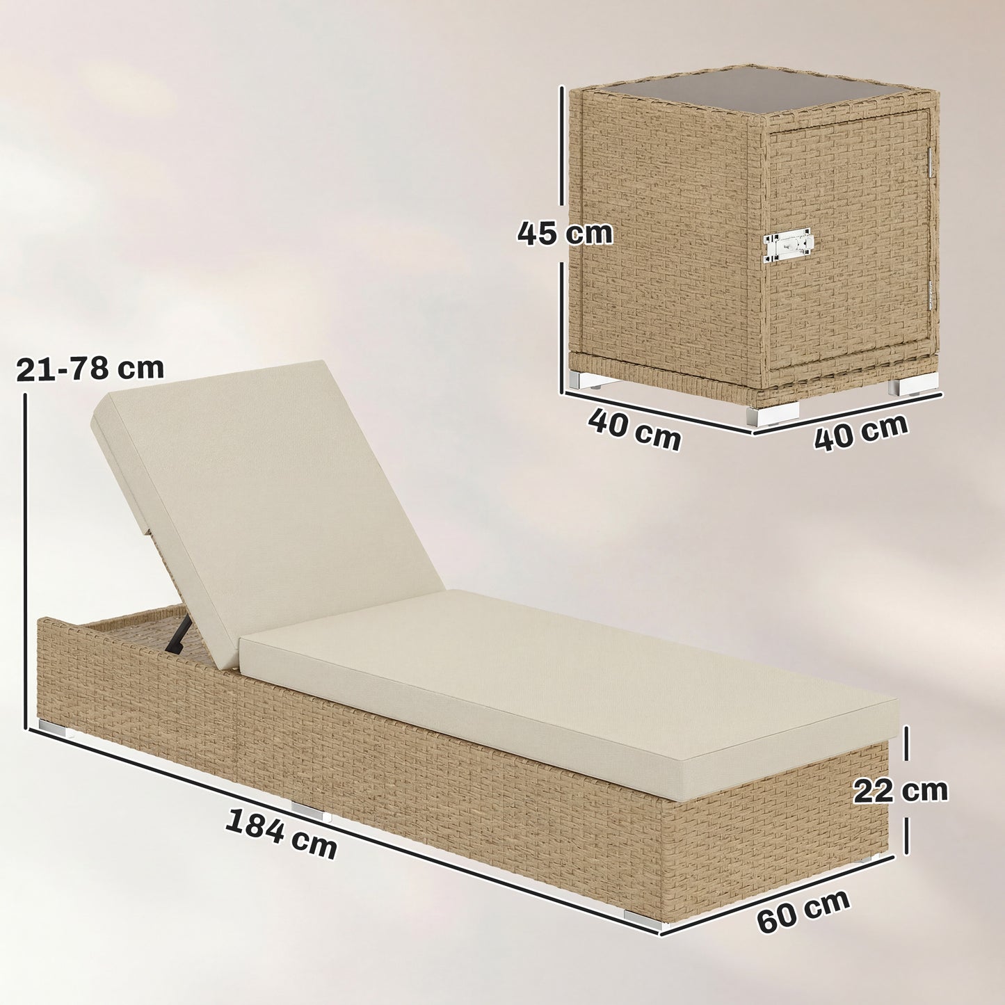 Rattan Sun Loungers Set of 2 with Side Table, Beige