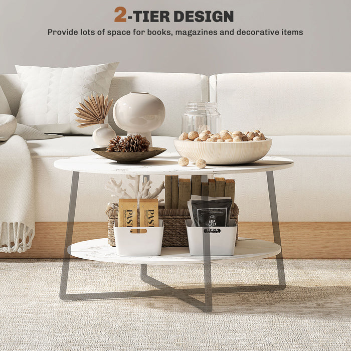 Round Coffee Table with Storage Shelf and Marble Effect Top, White