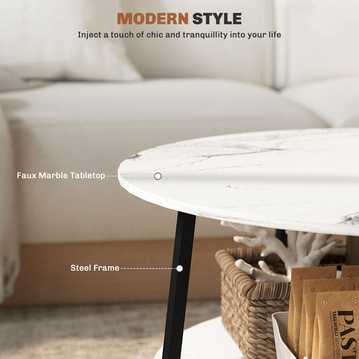 Round Coffee Table with Storage Shelf and Marble Effect Top, White