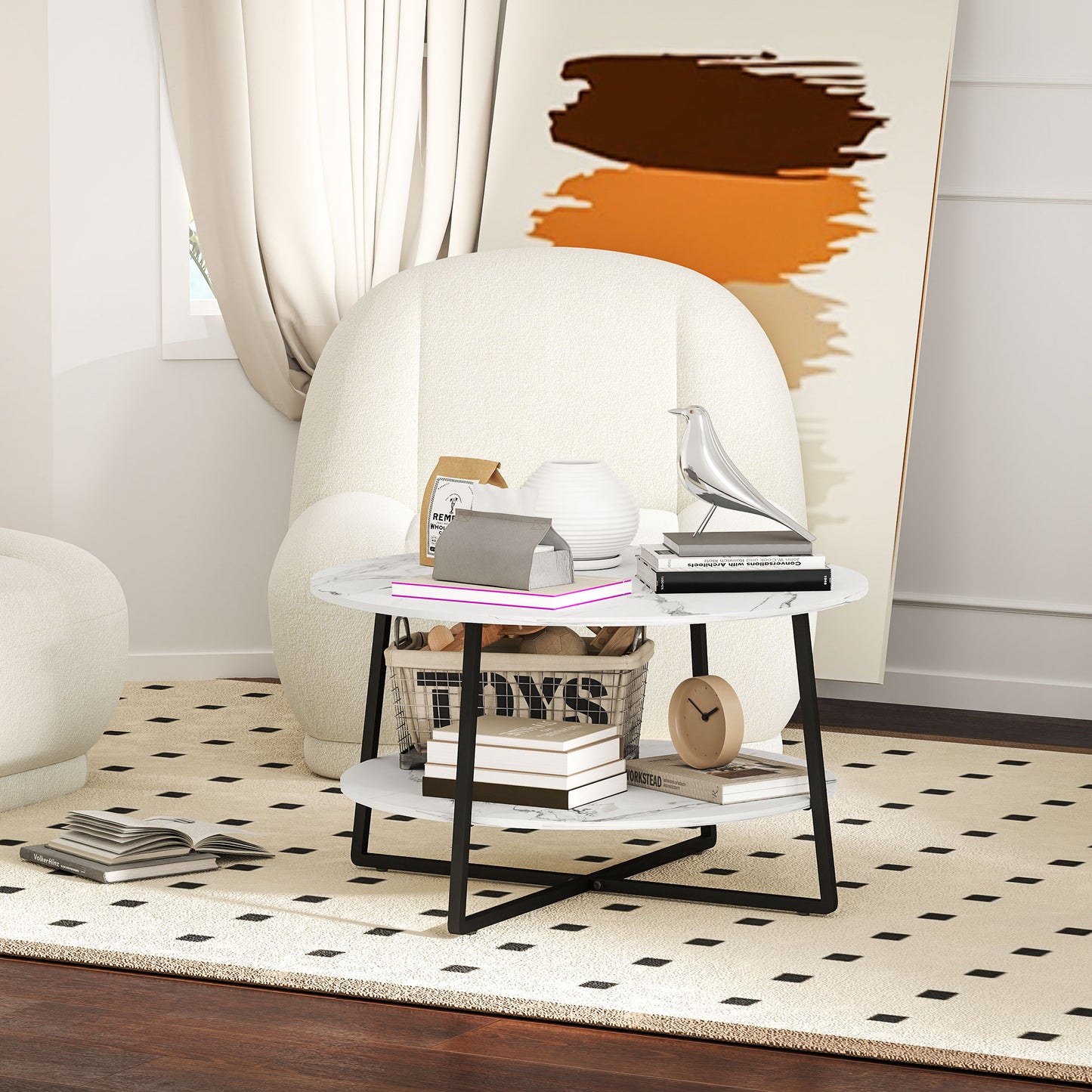Round Coffee Table with Storage Shelf and Marble Effect Top, White