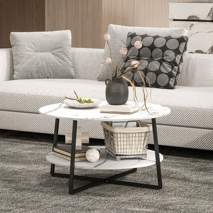 Round Coffee Table with Storage Shelf and Marble Effect Top, White