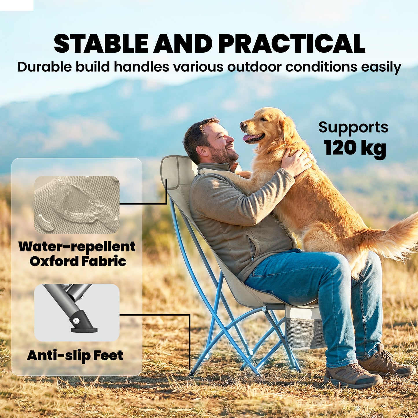 Camping Chair Portable with Side Pocket Khaki