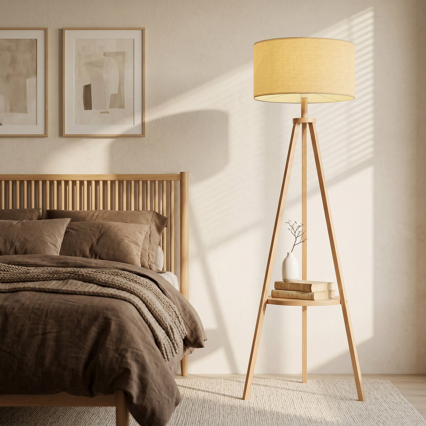 Bedside Light with Storage Shelf and Linen Shade, Natural